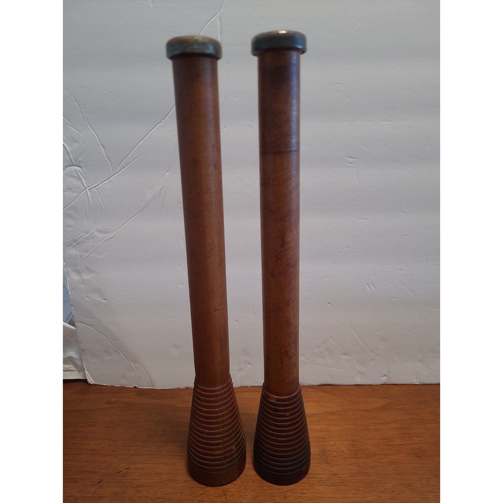 2 VTG Wood Beehive Bobbin Spool CandleHolders Brown Industrial Textile Decor 14"